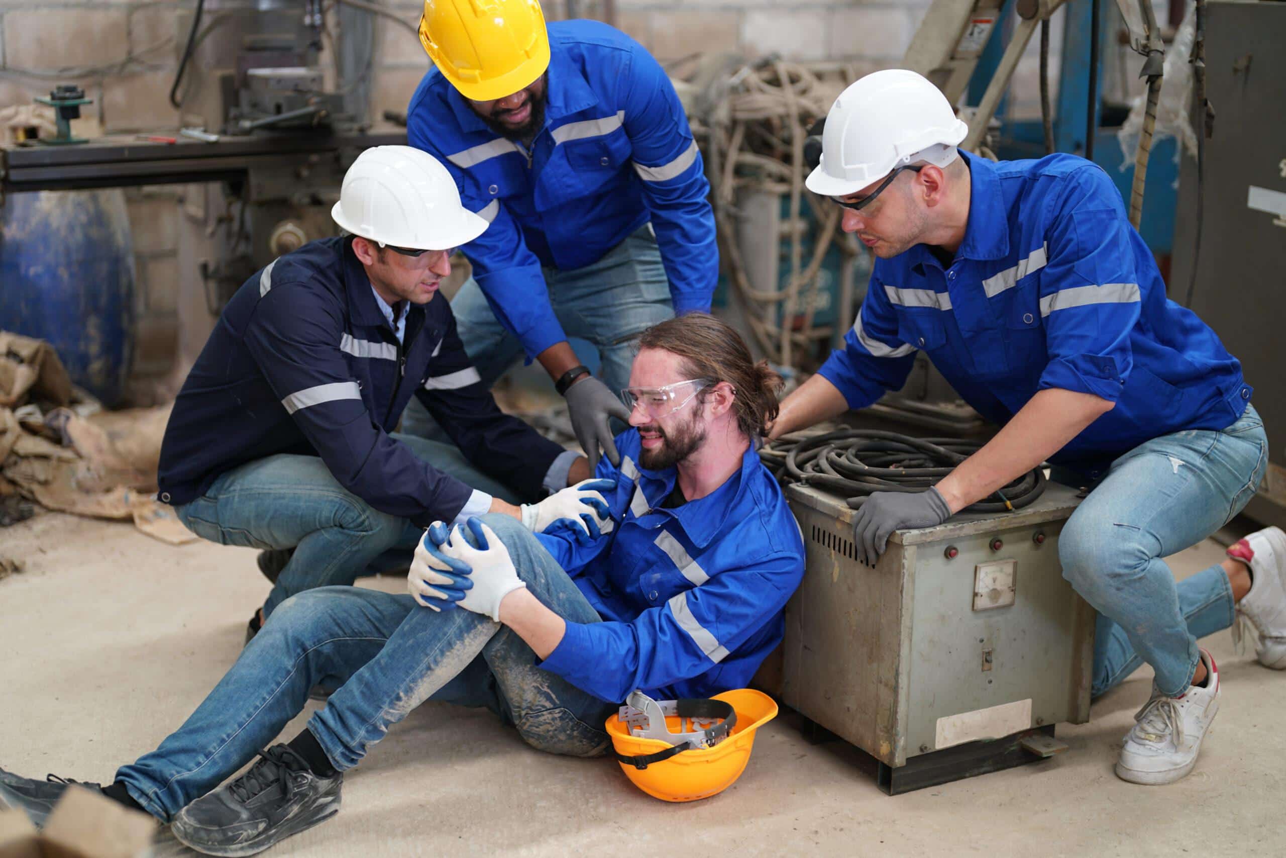 Worker receiving industrial injury in factory and colleague helping him while  injured on leg.