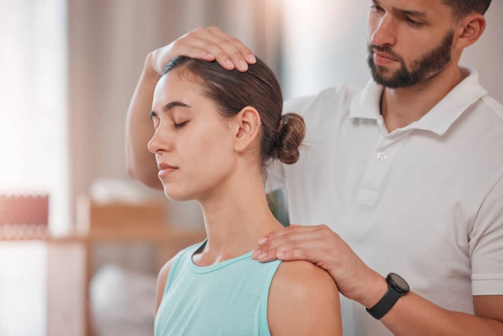 Neck pain, physiotherapy or woman and therapist consulting, massage or medical healthcare support, .